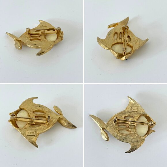 Vintage J.J. Brooch Fish Jonette Jewelry Company Gold tone Cream Signed Jewelry - Picture 8 of 9